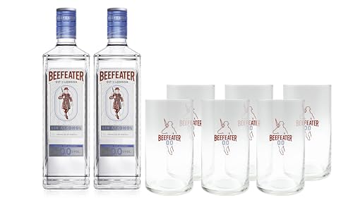 Beefeater 0.0% Bebida Sin Alcohol, Pack de 2 Botellas y 6 Vasos de Regalo, 700 ml