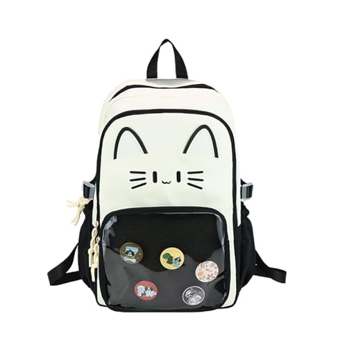 Cute Cat Ita Bag with Pin Display Insert Preppy Backpack for Girls Cartoon Bookbag for School (Black)