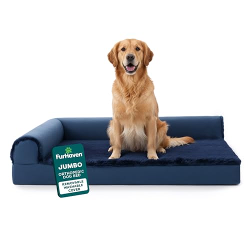 Image of Furhaven Orthopedic Dog Bed for Large Dogs w / Removable Bolsters & Washable Cover, For Dogs Up to 95 lbs - Plush & Velvet L Shaped Chaise - Deep Sapphire, Jumbo /XL
