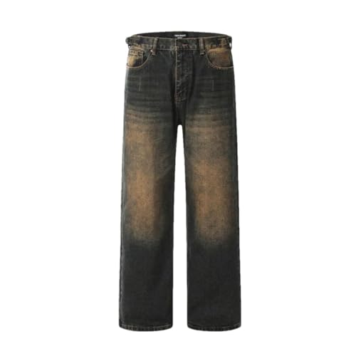 Men's American Style Jeans Washing Contrast Color Worn-Out Trousers Straight Wide Leg Denim Pant