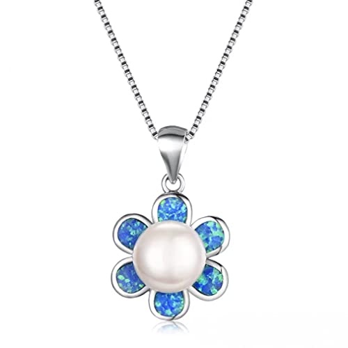 CPYGMXI blue fire opal flower pendant white pearl necklaces for women wedding jewelry 925 box chain necklace gift Made in China