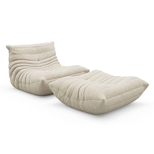 TABKER Canapé Chair Lazy Sofa Accent Chair with Floor Pouf for Living Room Chair Bedroom Salon Office (Color : Beige)