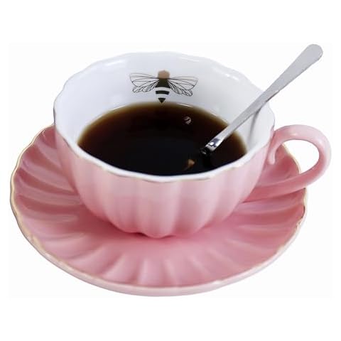 Eplze YBK Tech Strengthen Porcelain Cup and Saucer Set, 9oz Cup with Saucer - Gold Bee Inside The Cup (Pink) Cover