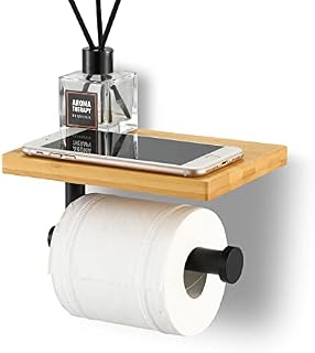 KES Black Toilet Roll Holder with Shelf for Bathroom, Stainless Steel Toilet Paper Holder with Natural Bamboo Shelf Wall Mounted, BPH220BA-BK
