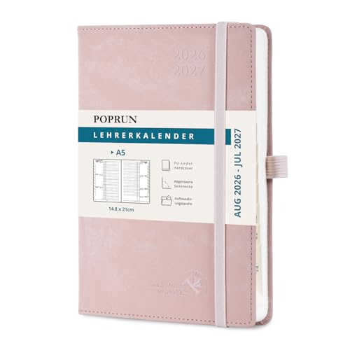 POPRUN Lehrerkalender 2026 2027 A5 auf Deutsch - Lehrerplaner 26/27 für die Unterrichtsvorbereitung mit Monatliches Register. Schulplaner mit PU-Leder Hardcover für Lehrerinnen und Lehrer (Rosa)