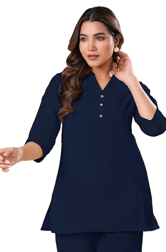 Image of Janasya Women's Light Blue Linen Cotton Solid A-line Top
