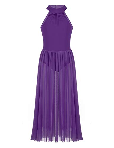 inlzdz Niñas Vestido de Danza Lírica sin Mangas Maillot con Falda Ballet Vestido Elegante de Baile Latino Flamenco Vestido de Bailarina A Morado 14 años Cover