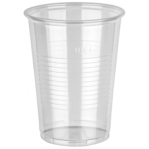 FALAMBI 200 Stk. Trinkbecher 400ml - Plastikbecher Einwegbecher Bierbecher aus Kunststoff PP (Polypropylen), Transparent klar, Ausschankbecher, mit Eichstrich