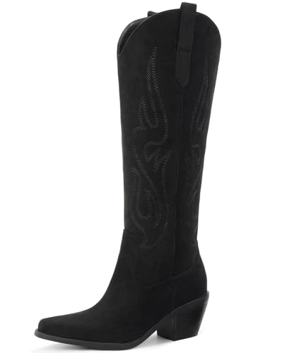 Image of Pasuot Western Cowboy Boots for Women - Knee High Wide Calf Cowgirl Boots, Slip On Pointed Toe Chunky Heel Fashion Retro Classic Pull On Tall Boot for ladies Party concert