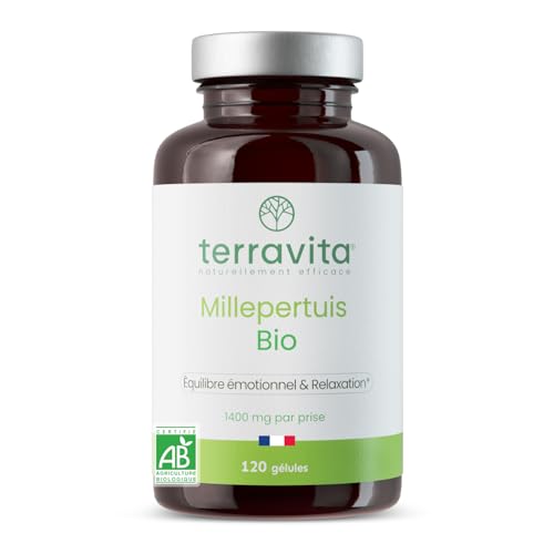 Millepertuis BIO | 120 Gélules de 350 mg | 100% Sommités Fleuries riches en Hypericine | Sommeil Réparateur - Bonne Humeur - Anti-Stress | 100% Vegan Sans Excipients | Made in France | Terravita