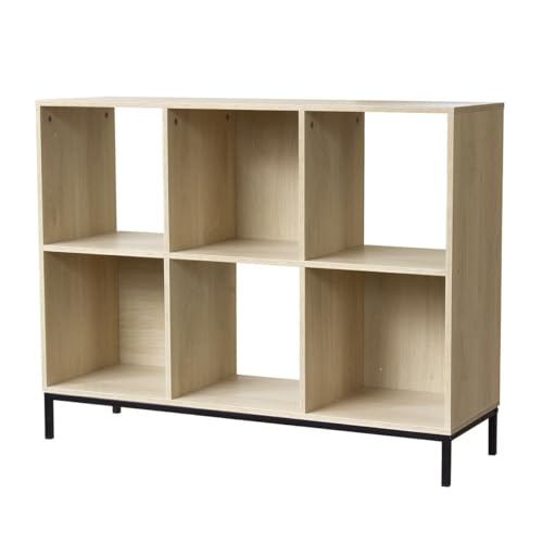 Calicosy - Étagère De Rangement 6 Cases Décor Bois - Panneaux De Particules Et Acier - 3 Cases sans Fond - 4 Pieds Métal - Séjour, Chambre, Bureau - Style...