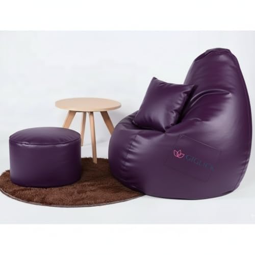 Image of 4XL Bean Bag Cover with Foot Stool & Cushion Cover | Premium PVC Leatherette | Double Stitched | 6 Months Warranty (Beans Required) Color- (Purple)