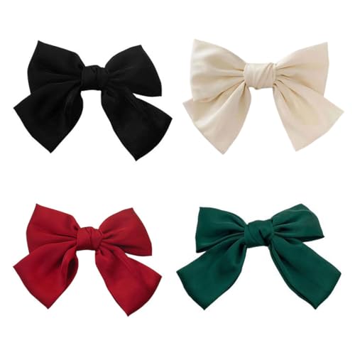 CPSYTE Horquilla con Lazo Grande - Pinzas para el Pelo, Lazos para el Pelo, Color sólido, Lazos de satén Suave y Sedoso para Mujeres y niñas (Negro, Beige, Verde Oscuro y Rojo)