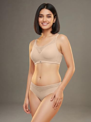 Image of SOIE Women's Full Coverage Padded Bra and Mid Rise Brief with Lace Detailing