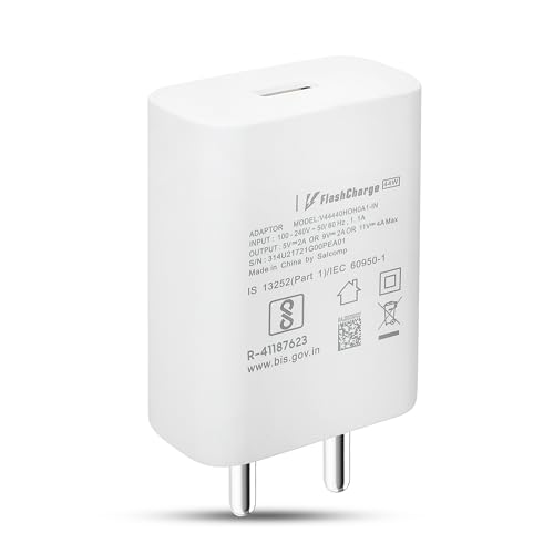 Image of Hoerrye Vivo Type C Flash Charging Adapter Compatible With Vivo T3 Ultra,T3 Pro,T3 Lite,T3X,T3,T2,Y29,Y300,Y18T,Y300+,iQoo 13,12,Neo9 Pro,Neo 10R,Z9S,Z9S Pro USB C 44 Watt Mobile Fast Charger,White