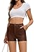 Gaiibbt Women's Khaki Faux Leather Shorts High Waist Zip Pocket Fashion Shorts for Streetwear & Office Looks L