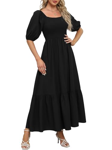 Lyrur Summer Boho Smocked Maxi Dresses for Women 2025 Casual Puff Sleeve Square Neck A Line Tiered Ruffle Ankle Length Dress