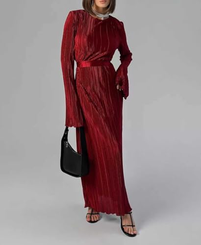 Image of Pluto & Fox Women's Crew Neck Plisse Maxi Dress Long Sleevele Flared Cuffs Belted Pleated Party Cocktail Wedding Guest Dress