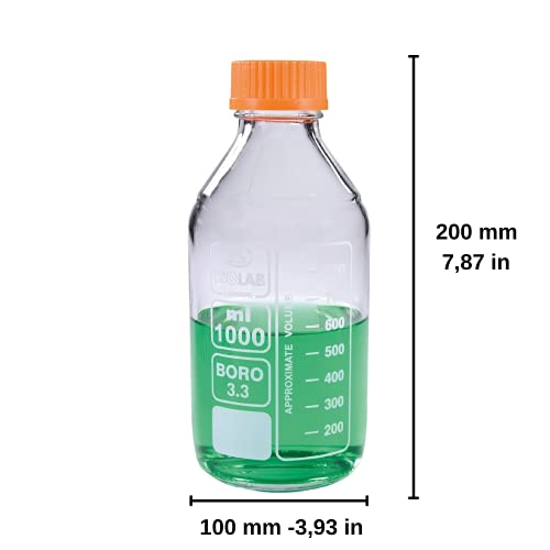 ISOLAB – Round Media Storage Bottle, 1000ml, with GL 45 Screw Cap, Borosilicate 3.3 Glass, Pack of 2