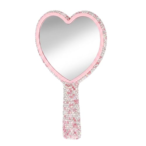 Ouligay Large Heart Handheld Mirror with Handle 6.3x4.3 Inch Glitter Rhinestone Hand Held Mirror Portable Travel Cosmetic Lash Mirror for Women Wedding Birthday Pink