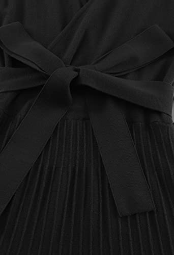 Midi Sweater Dress Women Long Sleeve Wrap V Neck Pleated Frilled Ribbed Bodycon Dresses Black Xl #TOP6