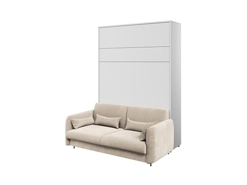 MEBLINI Schrankbett mit Sofa Bed Concept - Wandbett mit Lattenrost - Klappbett mit Schrank - Wandklappbett - Murphy Bed - BC-01-140x200cm Vertikal - Weiß Matt/Beige