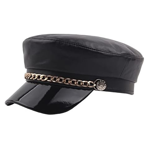 Women Yacht Captain Sailor Hat PU Newsboy Cabbie Baker Boy Peaked Beret Cap Black with Chain Cover