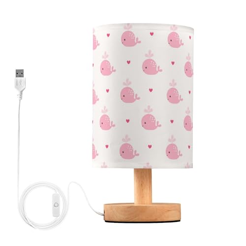 YYZZH Table Lamp Cute Pink Whale Baby with Heart Pattern Nightstand Lamp with Wood Base Fabric Lamp Shade Bedside Desk Lamp for Living Room Bedroom Kids Room Office