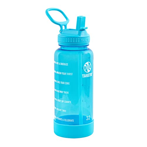 Image of Takeya Motivational Water Bottle with Straw Lid and Time Marker (32 oz, Breezy Blue) - Leakproof, BPA Free Water Bottle for Daily Intake Tracking