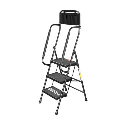 Valeo 3 Step Ladder with Handrails,500 Lbs Capacity,Folding Step Stool Ladder with Attachable Tool Bag,Lightweight & Storage Step Ladder 3 Step Folding,Multi-use for Home,Kitchen,Office,Black