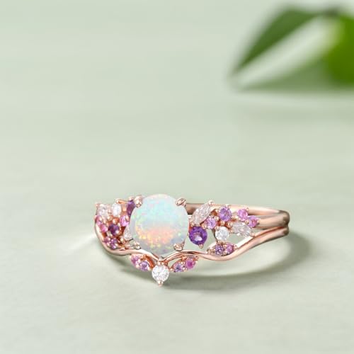 10K/14K/18K Solid Gold Gemstone Vintage Engagement Ring Set for Women 1CT Round Gemstone and Moissanite Amethyst CZ Vintage Promise Anniversary Ring Set for Her2