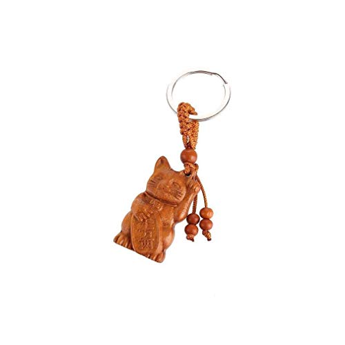lachineuse - Porte-Clés Chat Maneki Neko - Porte Bonheur Japonais - Bois de Jujubier, Métal - 9 x 2,5 cm - Couleur Bois - Traditions Japonaises - Idée Cadeau Japon Asie