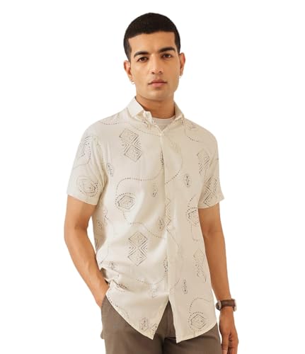 Image of Majestic Man Men's Slim Fit Pure Cotton Printed Casual Shirt - Short Sleeve | Premium Breathable Fabric | Modern Geometric Design