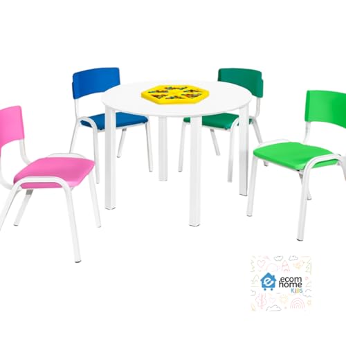Mesa Infantil DiverKids Redonda Com Porta Objetos e 4 Cadeiras Coloridas Brinquedoteca Escola Creche Igreja