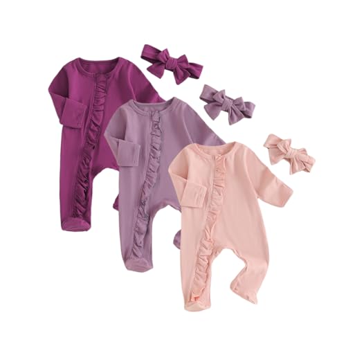 Image of Merqwadd Baby Girl Zipper Pajama Footies 3 Pack Ruffle Sleeper Coming Home Infant Cotton Clothes (Pink/Purple/Plum, 0-3 Months)