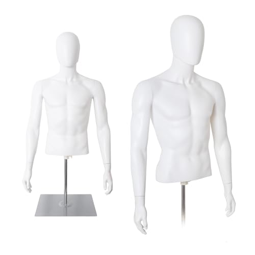 YumHome Male Mannequin Torso Body, Height Adjustable Plastic Half Body Display Dress Form with Metal Stand, Dress Form for Retail Clothing Shops, White