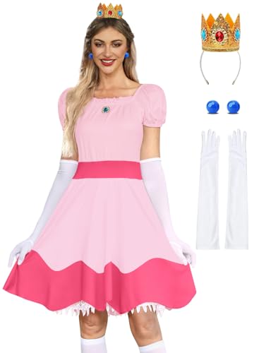 For G and PL Damen Karneval Quadratischer Kragen Puffärmel Pink Prinzessin Kleid Cosplay 4-Stück-Set Party Kostüm L