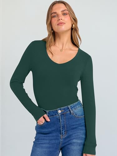 Image of ANRABESS Long Sleeve V Neck Shirts for Women | Soft Comfy Ribbed Knit Fitted Tshirts, Casual Going Out Tops, 2026 Trendy Basic, Fall Winter Underscrub Layering Clothes