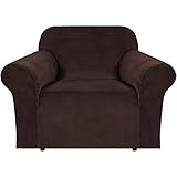 H.VERSAILTEX 1 Piece Stretch Velvet Plush Sofa Slipcover Sofa Cover Furniture Protector Couch Soft with Elastic Bottom Anti-Slip Foam Kids, Soft and Thick Velvet Sofa Cover (Chair,Brown)