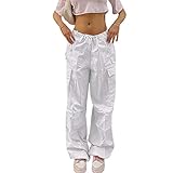 NHCDFA Parachute Pants for Women, Cargo Pants Women Baggy, Y2K Low Waist Wide Leg Baggy Relaxed Jogger Pants Off White 1 S