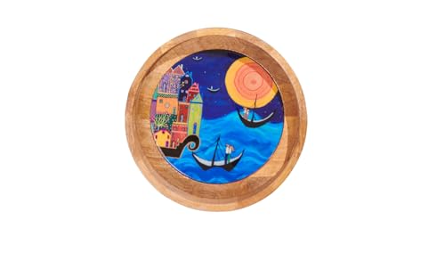 Image of Wooden Designer Round Serving Tray - 12 Inch | Premium Mango Wood Decorative | Eco-Friendly Non-Toxic Multipurpose Serving Tray for Tea, Coffee, Snacks, Home, Kitchen & Gifting(Blue FC)
