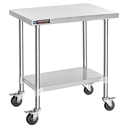 Image of DuraSteel 30x36 NSF Stainless Steel Cart Work Table - Heavy Duty Rolling Food Prep Table Countertop Island - Metal Utility Cart on Wheels Caster, Grill Stand Storage Outdoor Kitchen Tables Bar Top