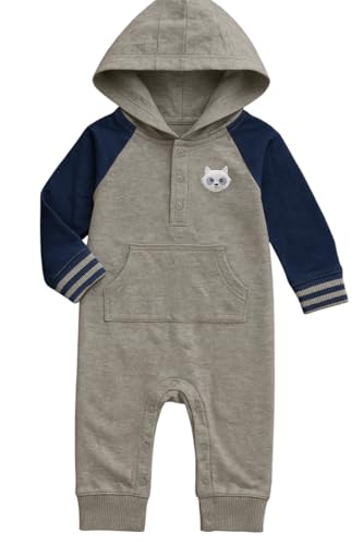Image of Baby Boys Hooded French Terry Winter Jumpsuit | Warm Long Sleeve One Piece Romper | Newborn to 24 Months | Multiple Colors