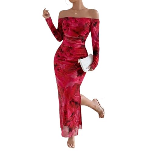 Image of LIGHT DOT Women's Printed Off Shoulder Maxi Dress Long Sleeve Bodycon Ruched Mesh Cocktail Dress