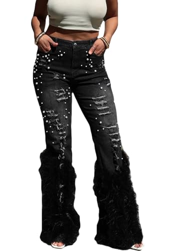 Kwunbwa Women's Flare Ripped Pearl Jeans High Waisted
