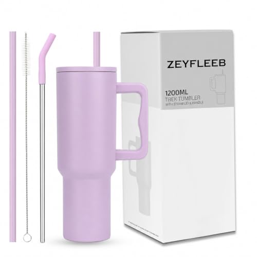 Image of 1200ML Stainless Steel Tumbler with Handle & Lid, 2 Straws - Large Travel Mug Water Cup for Gym, Office & Outdoor Use (Purple)