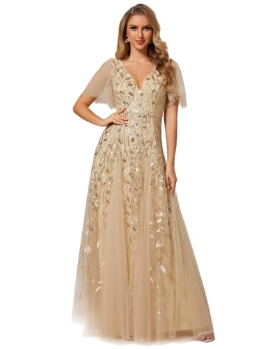 Ever-Pretty Vestidos de Fiesta Mujer Largo Tul Lentejuelas Escote V A-línea Elegantes Oro 46