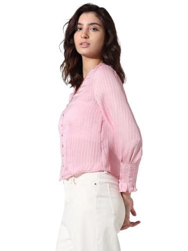 Image of ONLY Women Polyester Regular Self Design V-Neck Puff Sleeves Shirt Style Top
