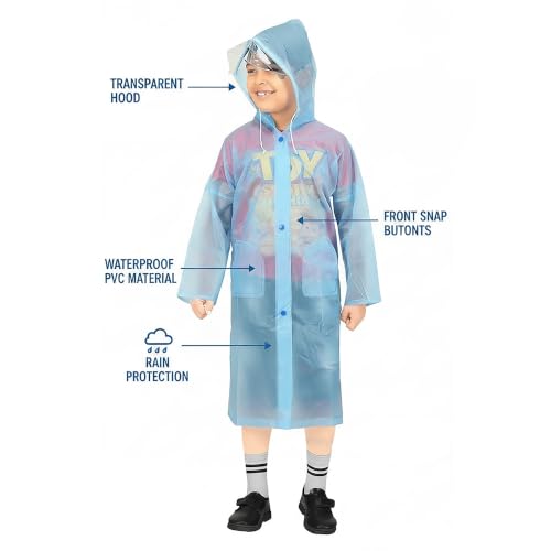 Image of Goodluck Kids Waterproof Knee-Length Raincoat for Boys & Girls - Transparent Hooded Rain Wear, Lightweight Reusable Rain Jacket with Front Button Closure for School, Travel & Outdoor Use