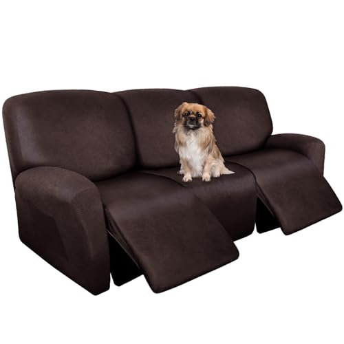 Image of ANARACHON Recliner Couch Cover Leather Look Recliner Sofa Covers for 3 Cushion Reclining Sofa Slipcovers 8-Pieces Furniture Protector Spandex Fabric Washable (3 Seater, 01 Chocolate)